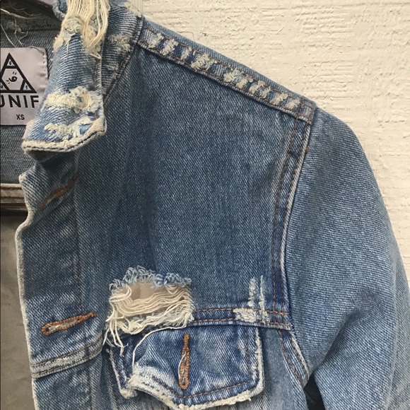 UNIF American flag denim jean distressed spikes jacket - Picture 11 of 16